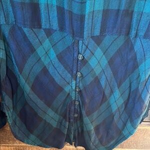 Ladies Lucky Brand Green and Blue Plaid Shirt with Split Back